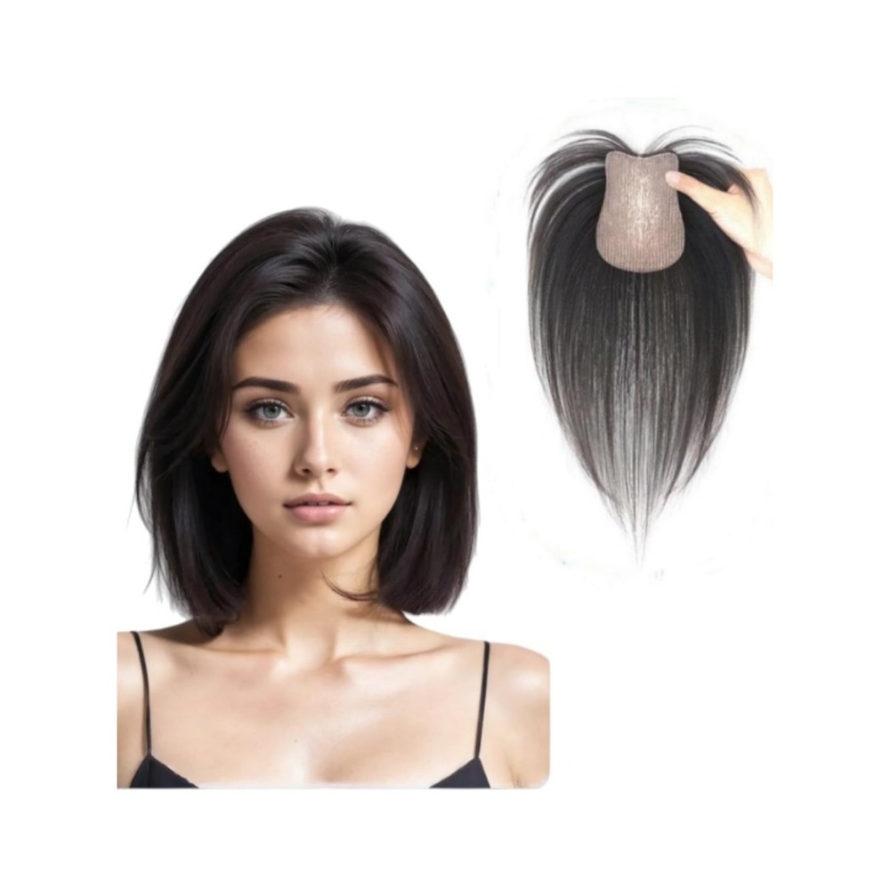 Real Human Hair Topper Hook & Loop Magic Paste Hairpiece Black No Bangs 10in